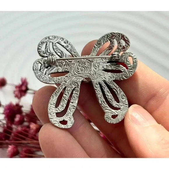 Black onyx & Marcasite Sterling Silver Ribboned Bow Shaped Vintage Brooch Pin - Picture 3 of 6